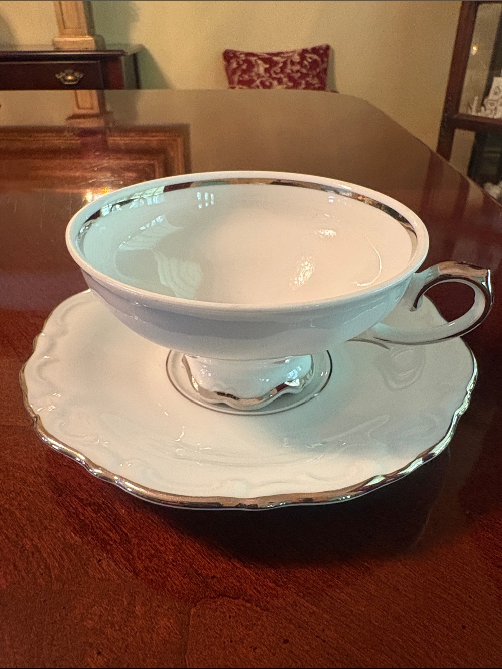 Estate Symphony White Porcelain Tea Cup and Saucer with Silver Trim